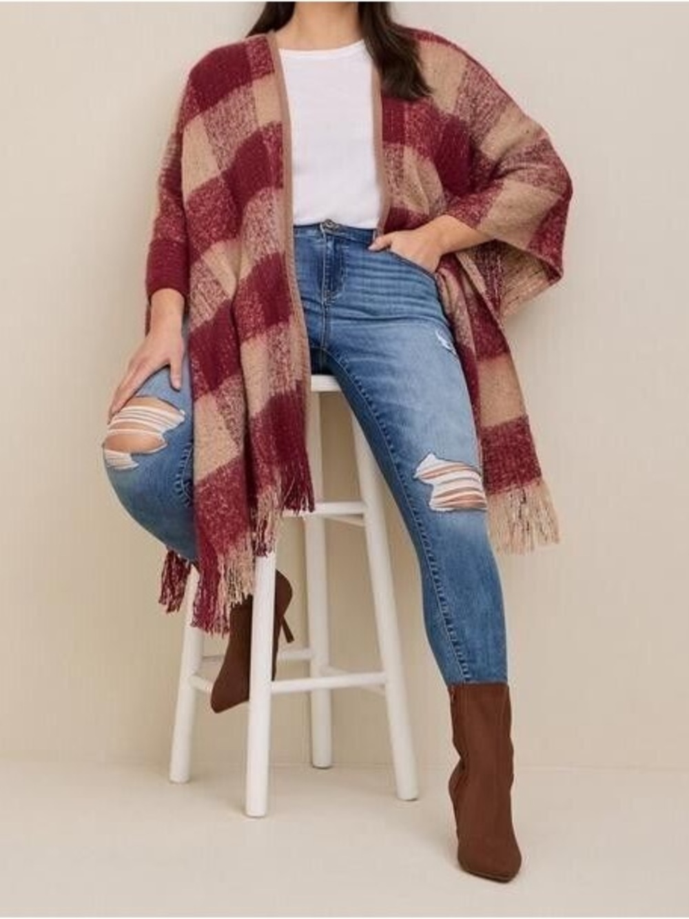 torrid Pink and Camel Knit Plaid Poncho